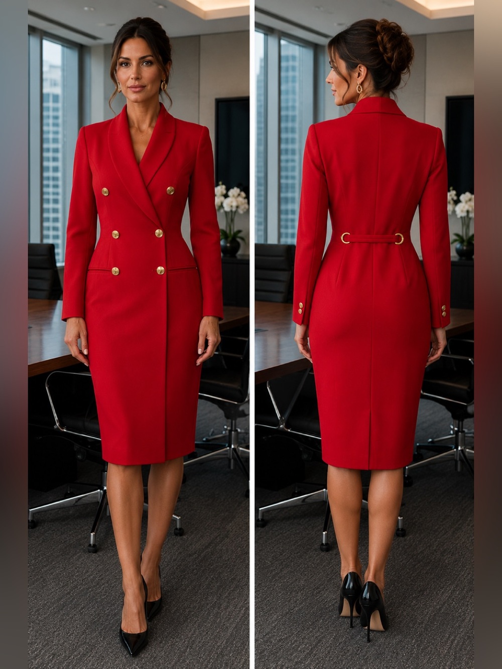 Tahari Holt Renfrew Red Wool Military Double-Breasted Power Blazer Dress Size 6